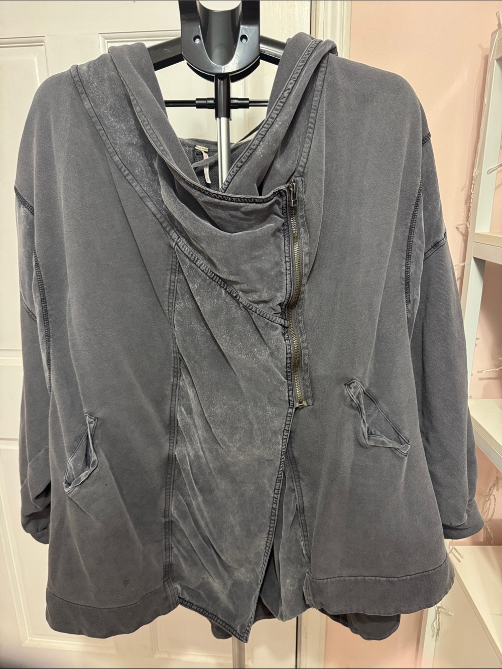 Washed Charcoal Hooded Jacket - Women's Zip-Front Coat